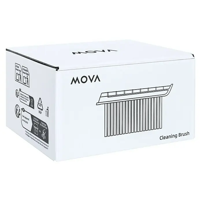 Mova Reinigungsbürste für Rasenmäher - Mova Mähroboter - Bild einer MOVA Reinigungsbürste in einer weißen Verpackung, die das Produkt und Recyclinginformationen zeigt.