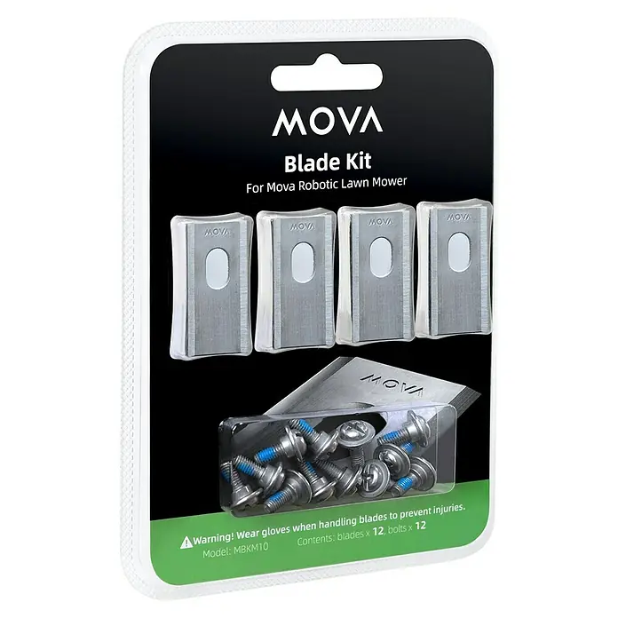 Mova Ersatzmesser-Set für Mähroboter - Mova Mähroboter, 12 Stk. - Hier ist ein MOVA-Klingen-Kit für Mova-Robotermäher mit 12 Klingen und 12 Schrauben, die in einer Blisterpackung verpackt sind.