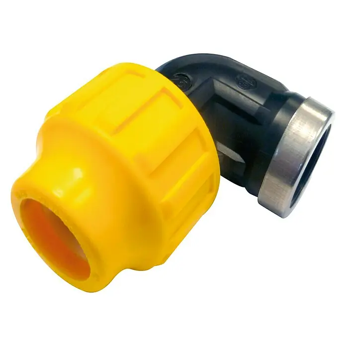 Codo angular montaje rápido hembra - Diámetro: 25 mm, ¾″ - Primer plano de un accesorio de tubería de riego amarillo y negro.