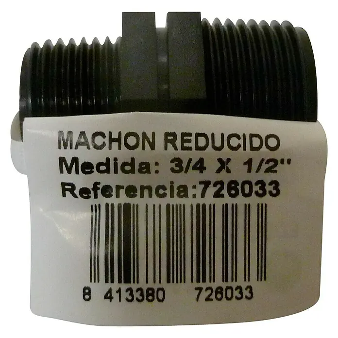 Machón reductor M-M - ¾'' × ½'' - Imagen del producto de un buje reductor negro que muestra una etiqueta con información del producto como el tamaño y el número de referencia.