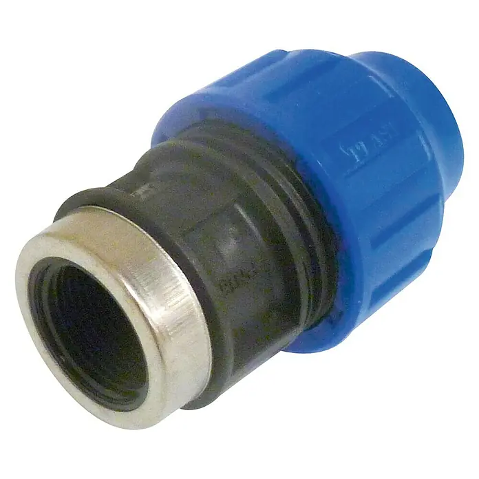 Enlace roscado PE hembra - 20 mm, Polietileno - Vista detallada de un racor de tubo de plástico azul con una sección central negra y un conector final plateado.