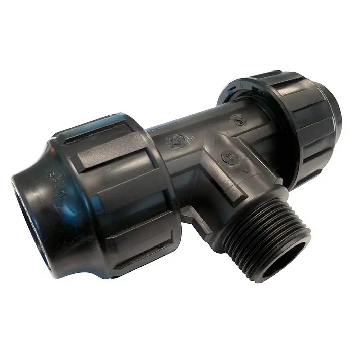 Te PE rosca macho - 32 mm, 1″, Macho - Conexión de tubería en T negra con rosca para una conexión segura y fiable en sistemas de riego y aplicaciones de fontanería.