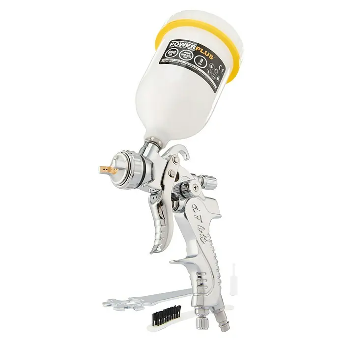 PowerPlus Pistola de pintura neumática POWAIR0109 - Presión de funcionamiento: 3 bar, Volumen de recipiente: 600 ml - Primer plano de una pistola de pintura Powerplus con un recipiente de 600 ml, ideal para trabajos de pintura precisos.