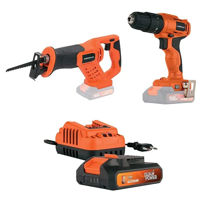 PowerPlus Juego de máquinas POWDPO3500 - 3 baterías, 3 pzs. - Herramientas inalámbricas POWERPLUS: sierra de vaivén, taladro, batería y cargador, ideales para proyectos diversos.