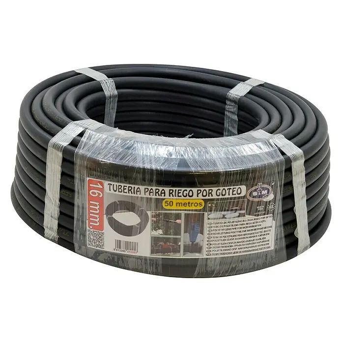 Tubo PE goteo - Ø x L: 16 mm x 50 m, Plástico - Rollo de 50 metros de tubo negro de polietileno de 16 mm para riego por goteo, ideal para un riego eficiente en el jardín.