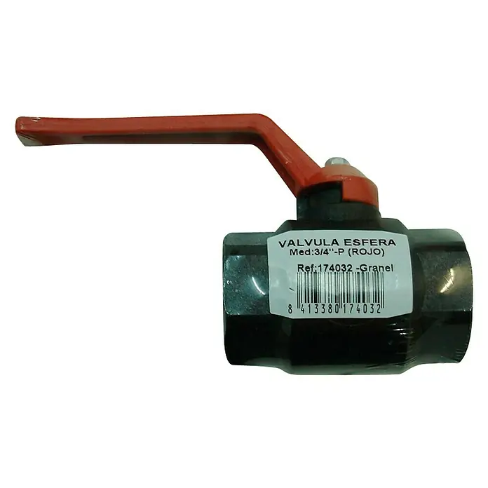 Válvula de esfera - ¾″, Riego de jardín - Una válvula de esfera roja de 3/4 de pulgada de Granel, número de referencia 174032. Ideal para diversas aplicaciones de fontanería y calefacción.