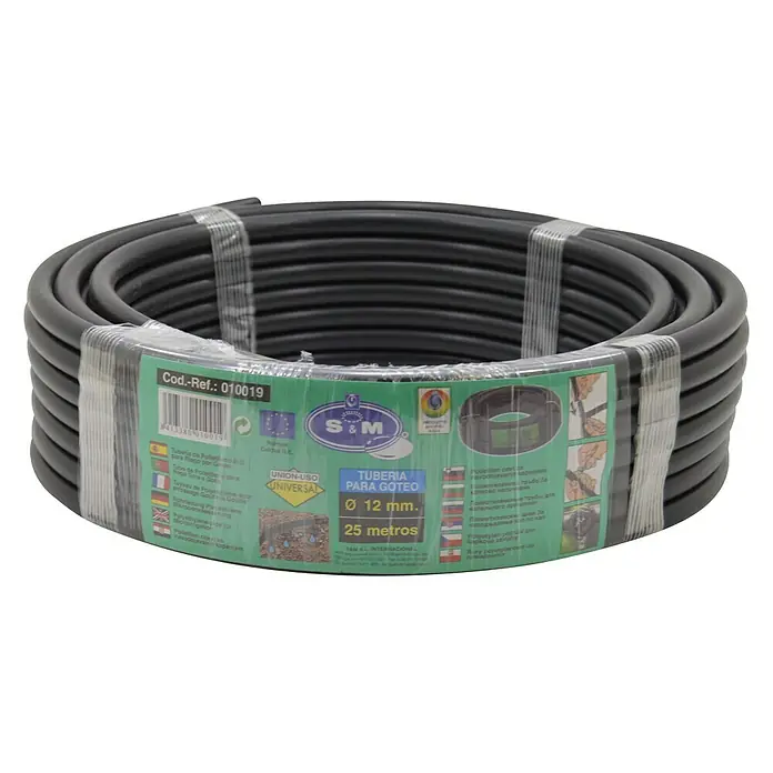 Tubo PE goteo - Ø x L: 12 mm x 25 m, Plástico - Un rollo de tubo de goteo negro S&M, de 12 mm de diámetro y 25 metros de largo, para un riego eficiente.