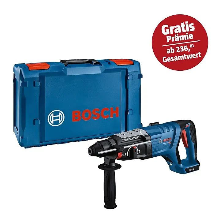 Bosch Professional AMPShare 18V Akku-Bohrhammer GBH 18V-28 D - 18 V, Ohne Akku - Blauer Bosch Bohrhammer mit roten und schwarzen Akzenten, daneben die passende blaue und rote Tragetasche.