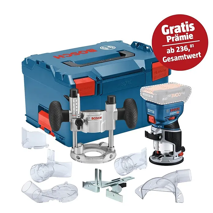 Bosch Professional AMPShare 18V Akku-Kantenfräser GKF 18V-8 - 18 V, Ohne Akku, 10.000 U/min - 30.000 U/min - Abbildung des Bosch Fräsen-Sets mit Zubehör und L-Boxx-Koffer, ideal für professionelle Holzbearbeitung.