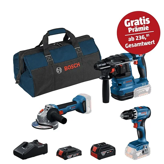 Bosch Professional AMPShare 18V Maschinen-Set 3-Tool-Kit - 18 V, 2 Akkus, 2 Ah - 4 Ah, 7 -tlg. - Bosch Werkzeugset mit Bohrmaschine, Schleifer, Hammerbohrer, Akkus, Ladegerät und Werkzeugtasche.