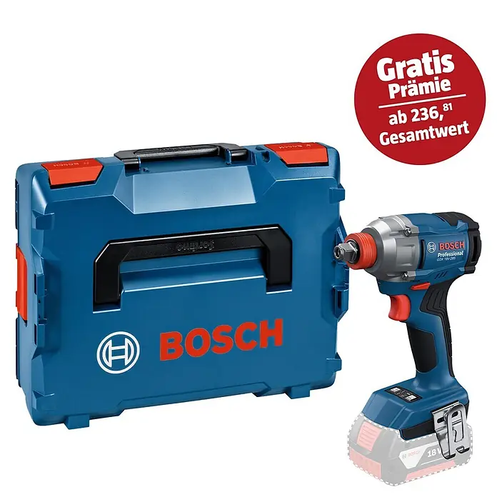 Bosch Professional AMPShare 18V Akku-Drehschlagschrauber GDX 18V-285 - 18 V, Ohne Akku, 285 Nm - Akku-Schlagschrauber GDX 18V-200 von Bosch Professional mit blauem Werkzeugkoffer und Gratis-Aktion im Hintergrund.
