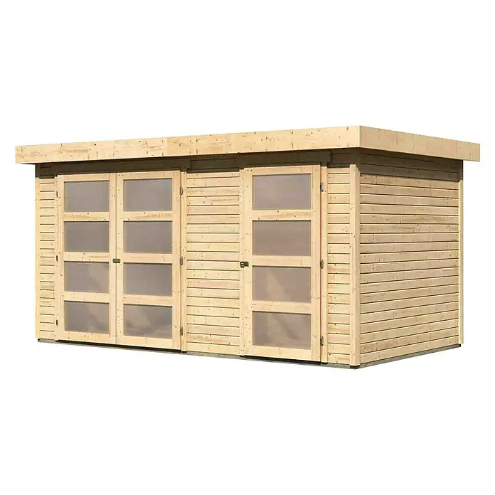 Karibu Gartenhaus Mühlentrup 1 - Außenmaß inkl. Dachüberstand (B x T): 428 x 238 cm, Holz, Natur - Abbildung eines modernen Holzgartenschuppens mit Glastüren. Ideal zur Aufbewahrung und als stilvolles Element im Garten.
