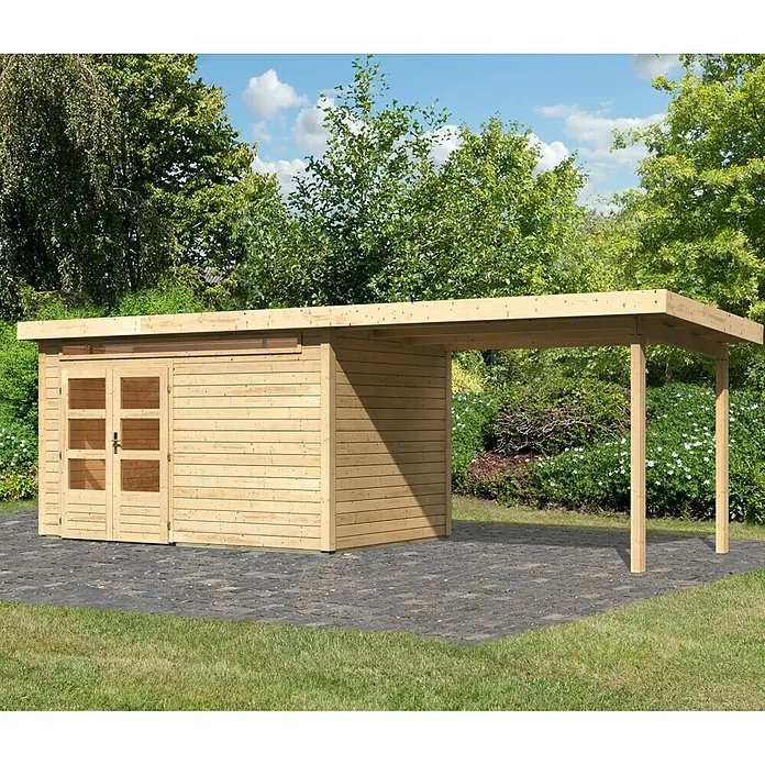 Karibu Gartenhaus Kandern 7 - Außenmaß inkl. Dachüberstand (B x T): 702 x 273 cm, Holz, Natur - Holzschuppen mit Carport-Anbau in naturbelassener Optik für den Garten. Der ideale Stauraum und Unterstand für Gartengeräte und Möbel.