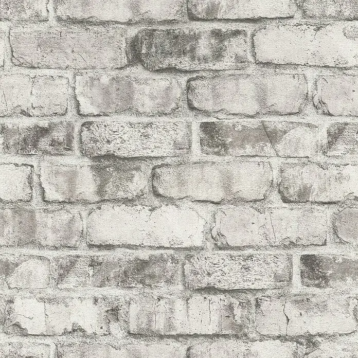 Tesa Rasch Strukturtapete Clayton Backstein - Selbstklebend, Grau, Steinoptik, 6 x 0,53 m - Nahaufnahme einer grauen Backsteintapete mit unregelmäßiger Textur, die einen rustikalen Charme verleiht.