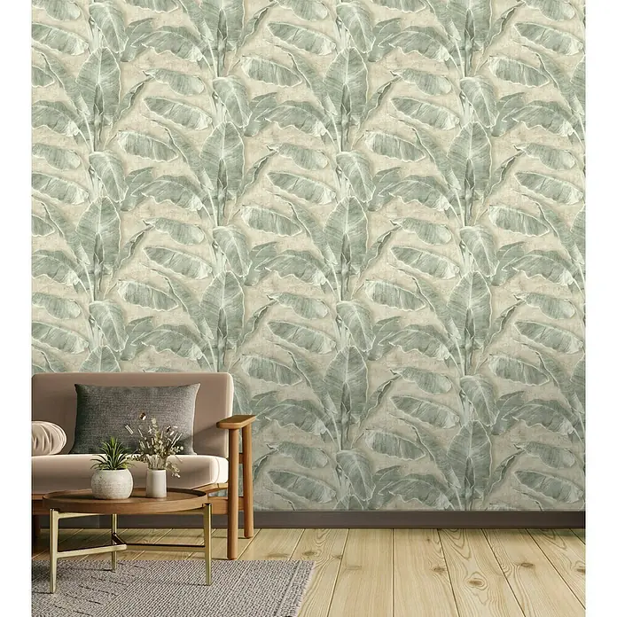 Tesa Rasch Strukturtapete Cuba Blatt - Selbstklebend, Grün, Floral, 6 x 0,53 m - Elegante Tapete mit Bananenblattmuster in sanften Grün- und Beigetönen, die eine ruhige, natürliche Atmosphäre schafft. Perfekt für moderne Wohnräume.