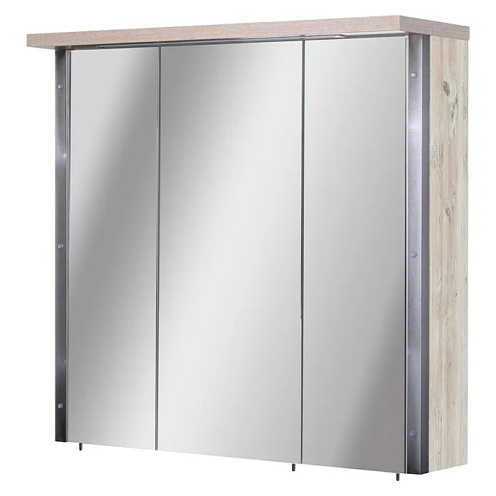 Schildmeyer Harkon LED-Spiegelschrank - B x H: 76 x 73,5 cm, Mit Beleuchtung, Holz, Findus - Moderner Spiegelschrank mit drei Türen und Holzrahmen für das Badezimmer. Praktischer Stauraum und stilvolles Design.