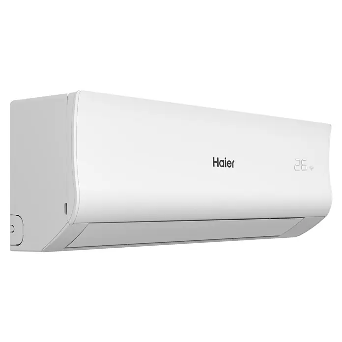 Haier Aire acondicionado Inverter Tide-R - 3.400 W, 2.800 W, 20 m², Blanco - Imagen de un aire acondicionado interior Haier blanco. La unidad tiene un diseño moderno y muestra la temperatura en una pantalla.