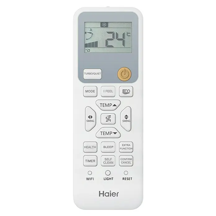 Haier Aire acondicionado Inverter Tide Premium - 2.600 W, 3.000 W, Tamaño de la estancia: 15 m² - 20 m² - Primer plano del mando a distancia del aire acondicionado Haier, con pantalla LCD, botones de modo, temperatura, velocidad del ventilador y función de ahorro de energía.