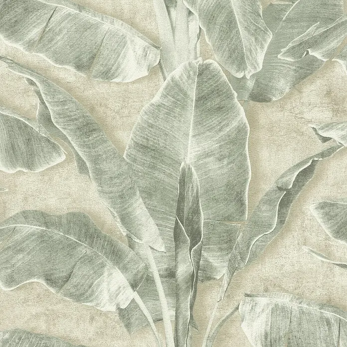 Tesa Rasch Strukturtapete Cuba Blatt - Selbstklebend, Grün, Floral, 6 x 0,53 m - Wandbild mit großen, grünen Blättern auf beigem Hintergrund.