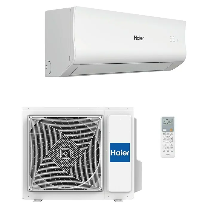 Haier Aire acondicionado Inverter Tide-R - 3.400 W, 2.800 W, 20 m², Blanco - Imagen de un aire acondicionado Haier con unidad exterior y mando a distancia. Diseño elegante para un clima interior confortable.