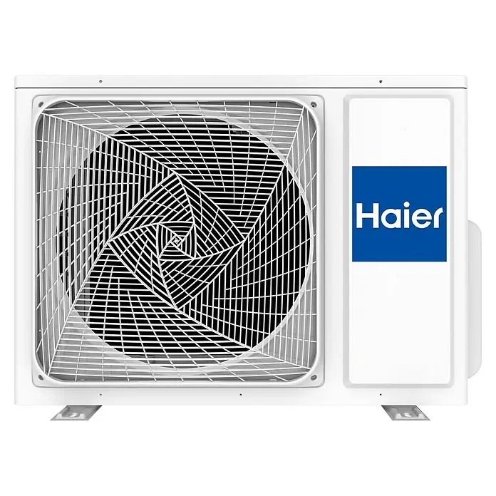 Haier Aire acondicionado Inverter Tide-R - 3.400 W, 2.800 W, 20 m², Blanco - Primer plano de una unidad exterior de aire acondicionado Haier, con una elegante rejilla de ventilador y el logotipo de Haier, que representa la tecnología de refrigeración moderna.