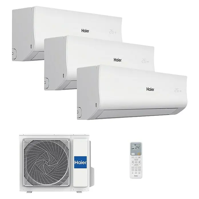 Haier Aire acondicionado Inverter 3x1 Tide-R - 3.800 W, 3.400 W, 20 m² - 30 m², Blanco - Imagen de un aire acondicionado Haier con tres unidades interiores, una unidad exterior y un mando a distancia.