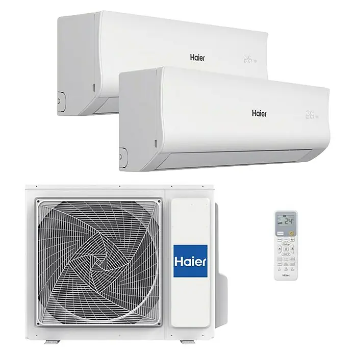 Haier Aire acondicionado Inverter 2x1 Tide-R - 3.400 W, 3.400 W, 20 m² - 30 m², Blanco - Imagen de un conjunto de aire acondicionado Haier con dos unidades interiores, una unidad exterior y un mando a distancia.