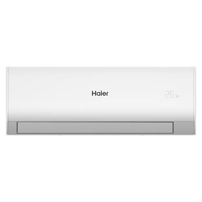 Haier Aire acondicionado Inverter 2x1 Tide-R - 3.400 W, 2.800 W, 20 m², Blanco - Primer plano de un aire acondicionado Haier blanco, que muestra un diseño moderno y pantalla digital.