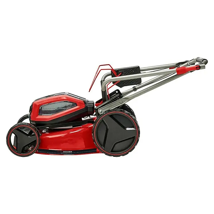 Einhell Professional Akku-Rasenmäher GP-CM 36/47 S HW Li - 36 V, 4 Akkus, 4 Ah, Schnittbreite: 47 cm - Ein roter Akku-Rasenmäher mit schwarzen Akzenten und einem verstellbaren silbernen Griff für einfache Bedienung.