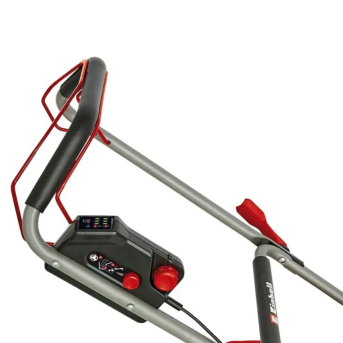 Einhell Professional Akku-Rasenmäher GP-CM 36/47 S HW Li - 36 V, 4 Akkus, 4 Ah, Schnittbreite: 47 cm - Detailaufnahme eines Einhell-Gartengeräts mit Bedienelementen und Batterieanzeige, ideal für Gartenarbeiten.
