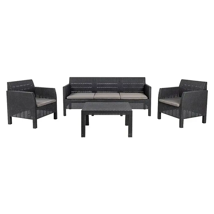 Toomax Loungemöbel-Set Matilde - Rattan-Optik, Kunststoff, Anthrazit, 5 -tlg. - Modernes Rattanset für den Außenbereich mit Sofa, Sesseln und Tisch. Perfekt für Garten oder Terrasse. Stilvoll und komfortabel.
