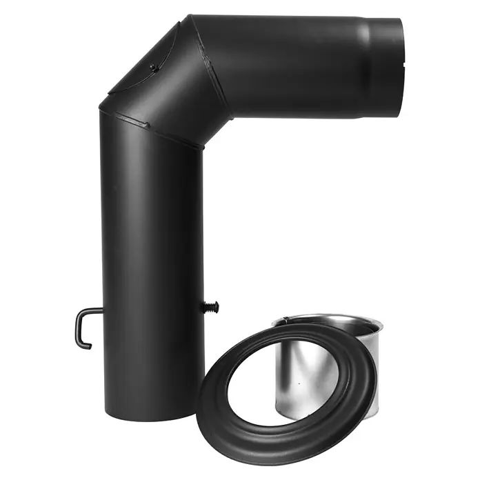 Kaminrohr-Set - Durchmesser: 150 mm, Mit Drosselklappe, Senotherm lackiert, Schwarz - Das Bild zeigt einen schwarzen Rauchrohrbogen mit Zubehör. Ideal für Kaminöfen, verbindet er Ofen und Schornstein sicher und effizient.