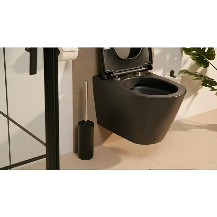 Venus Matte Black WC-Bürstengarnitur - Polyresin, Schwarz - Moderne Badgestaltung mit einer eleganten, wandhängenden schwarzen Toilette und einer passenden Toilettenbürste.