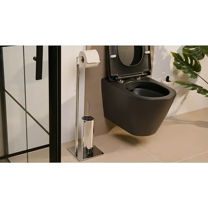 Camargue Ilayda WC-Kombi-Bürstengarnitur - Höhe: 71 cm, Chrom - Elegantes Badezimmer mit einer modernen, wandhängenden Toilette in Anthrazit und einem passenden Toilettenpapierhalter mit Bürste in Chrom.