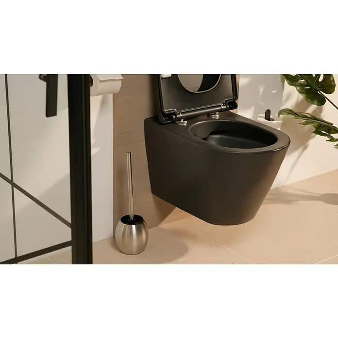 Venus WC-Bürstengarnitur Rumba - Höhe: 38,5 cm, Oval, Stahl, Matt - Eine moderne, mattschwarze Hänge-Toilette mit offenem Deckel, kombiniert mit einem eleganten WC-Bürstenhalter aus Edelstahl.
