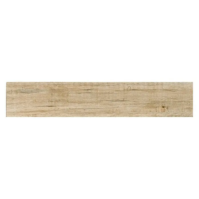 Pavimento porcelánico Alen - 120 x 23 cm, Natural, Mate - Tabla de imitación madera marrón claro con veta y textura visibles, adecuada para suelos o paredes.