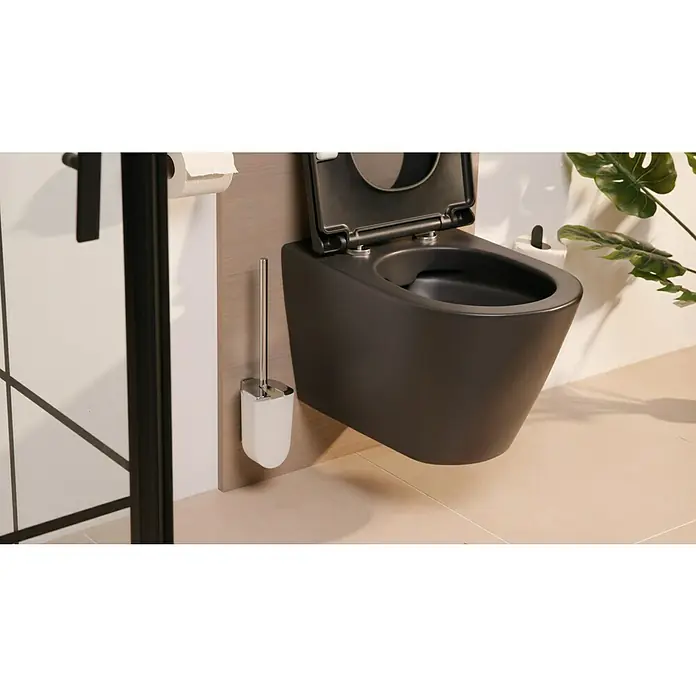 Keuco Elegance WC-Bürstengarnitur - Weiß/Chrom, Kunststoff - Moderne Toilette in stilvollem Schwarz, ergänzt durch eine praktische Toilettenbürste und einen minimalistischen Papierhalter.