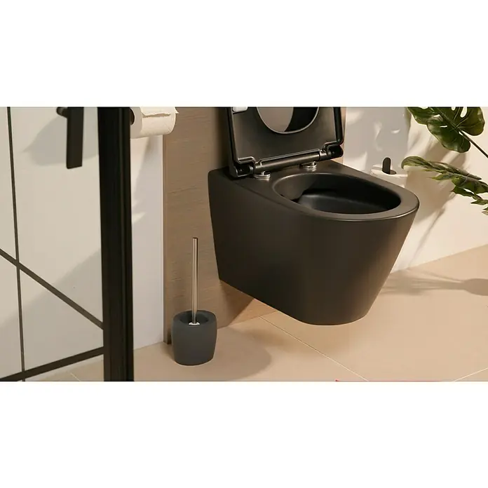 Venus Flakoni WC-Bürstengarnitur - Grau, Polyresin - Eine moderne, wandhängende Toilette in elegantem Schwarz, mit offenem Deckel und einer passenden WC-Bürste im Halter.