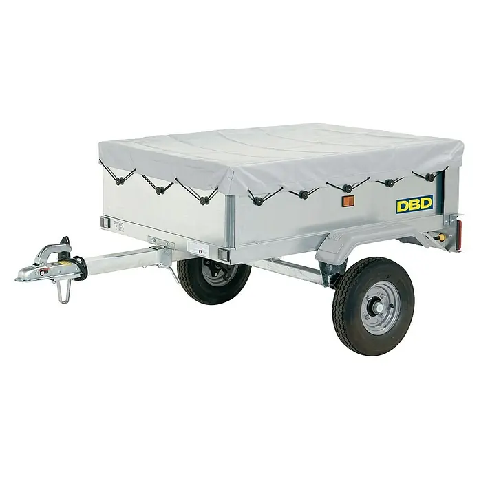 BAUHAUS Remolque DBD RV 328 - Carga útil: 385 kg, Un eje, Sin freno - Un remolque plateado con una lona gris, diseñado para el transporte de mercancías o equipaje.