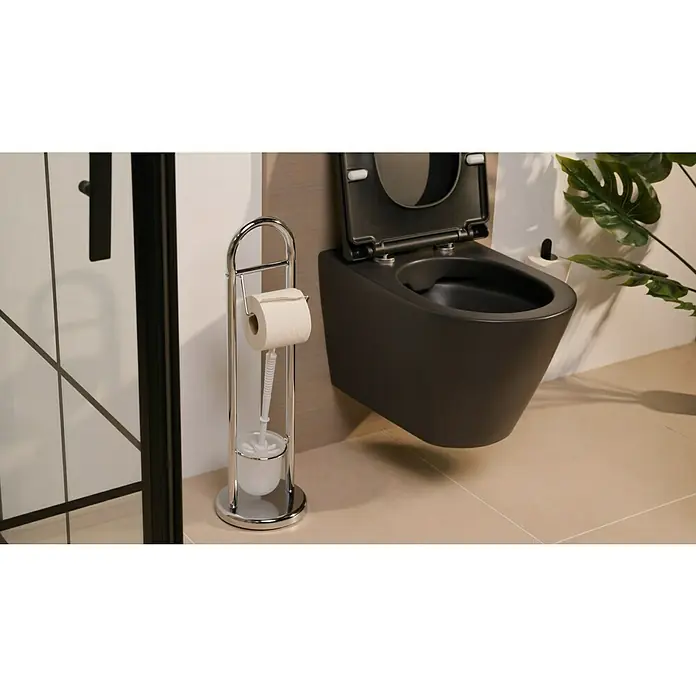 Venus WC-Kombi-Bürstengarnitur Amicella - Höhe: 63 cm, Chrom, Metall - Nahaufnahme einer modernen Toilette in Anthrazit mit offenem Deckel und einem Toilettenpapierhalter aus Chrom mit Bürste.