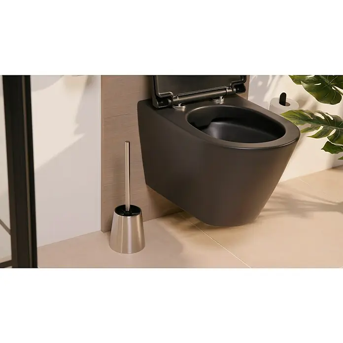 Venus WC-Bürstengarnitur Rumba Trapez - Höhe: 37 cm, Sonstige, Edelstahl, Matt - Ein modernes, mattschwarzes Wand-WC mit offenem Deckel, ergänzt durch eine elegante, silberne Toilettenbürste, die stilvolles Baddesign demonstriert.