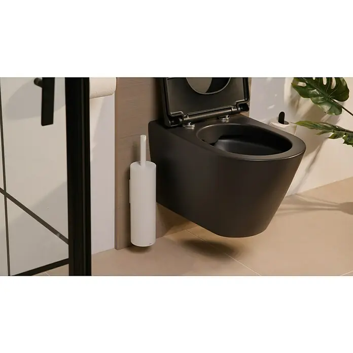 Zack WC-Bürstengarnitur Tubo - Mit Halterung, Stahl, Weiß - Moderne Toilette mit offenem Deckel und weißer Toilettenbürste, die an der Wand befestigt ist, für ein stilvolles Badezimmerdesign.