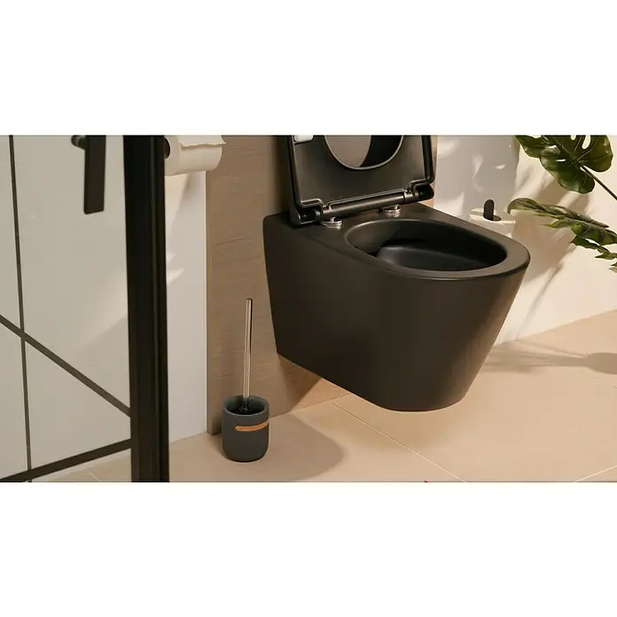 Venus Empire WC-Bürstengarnitur - Polyresin, Grau - Eine moderne, wandhängende Toilette in elegantem Schwarz mit offenem Deckel, die ein stilvolles Badezimmerambiente schafft.