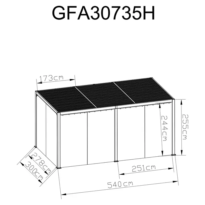 Sunfun Cannes Pergola - B x T: 540 x 300 cm, Farbe Gestell: Anthrazit, Aluminium - Abbildung eines GFA30735H Pavillons mit Maßangaben zu Länge, Breite und Höhe, die eine detaillierte Vorstellung der Produktabmessungen ermöglicht.