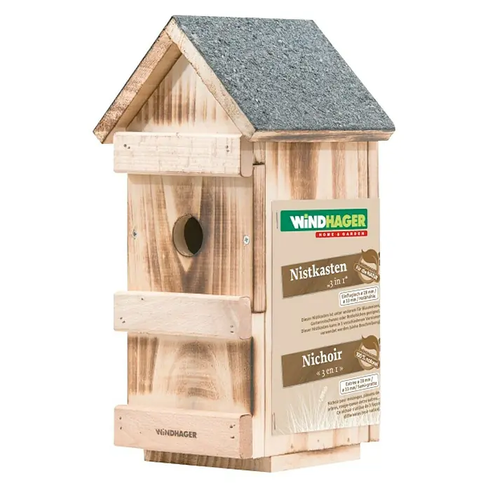 Windhager Nistkasten - Geeignet für: Meisen, L x B x H: 15 x 16 x 31 cm, Massivholz, Geflammt - Bild eines Nistkastens aus Holz von Windhager Home & Garden, geeignet für verschiedene Vogelarten, mit grauem Dach und Etikett.