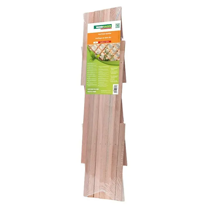 Windhager Faltspalier - B x H: 180 x 90 cm, Holz, Natur - Das Bild zeigt eine Windhager Hartholz-Spalier, ein langes, schmal verpacktes Gartenelement mit einer Etikette oben.