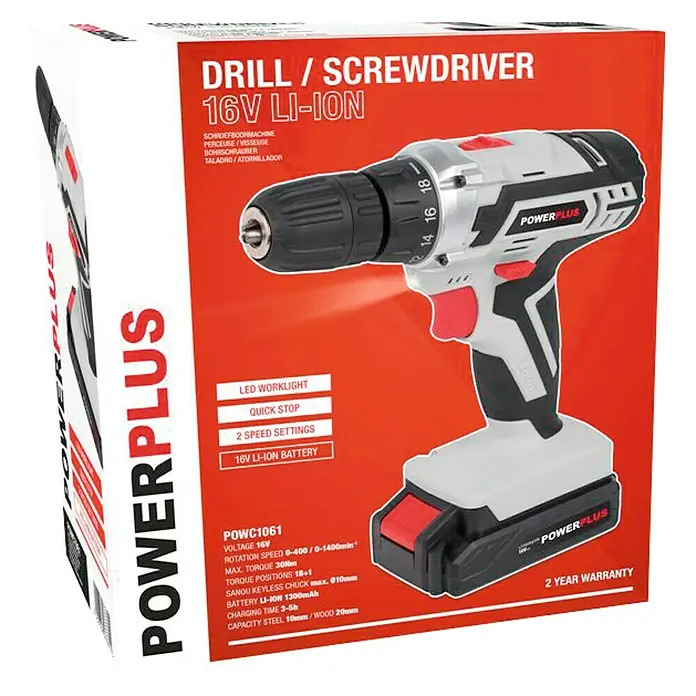 PowerPlus Taladro atornillador de batería POWC1061 - 16 V, 1 batería, 1,3 Ah, 30 Nm - Embalaje del producto de un taladro/atornillador inalámbrico Powerplus, 16V Li-Ion con luz de trabajo LED, parada rápida y 2 velocidades.