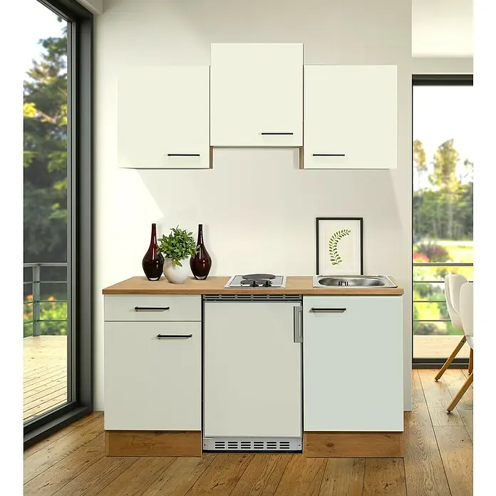 Flex-Well Avila Singleküche - Breite: 150 cm, Magnolia, Mit Elektrogeräten - Kompakte Küchenzeile mit weißen Schränken, Holzoberfläche und eingebauten Geräten für kleine Räume. Ideal für Studentenwohnungen oder Ferienwohnungen.