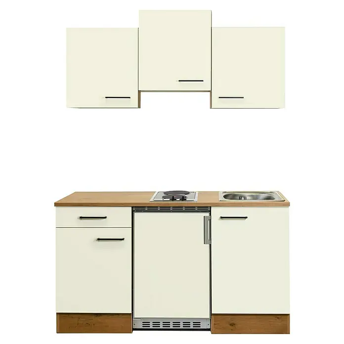 Flex-Well Avila Singleküche - Breite: 150 cm, Magnolia, Mit Elektrogeräten - Kompakte Küchenzeile mit cremefarbenen Schränken, Holzplatte, Herd, Spüle und Minikühlschrank.