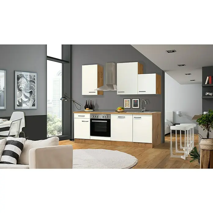 Flex-Well Avila Küchenzeile Typ 1 - Breite: 220 cm, Höhe: 234 cm, Magnolia, Mit Elektrogeräten - Eine moderne Küche mit weißen Schränken, einer hölzernen Arbeitsplatte und einem Edelstahl-Herd. Die Küche ist gut beleuchtet und wirkt einladend.